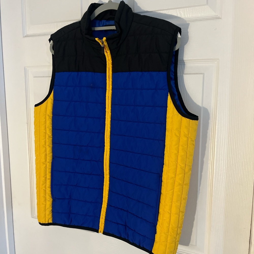 Chaps Black and Blue Puffer Vest with Yellow Accent